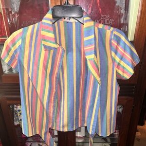 Copper key button down tie front multicolor stripe short sleeve top.
